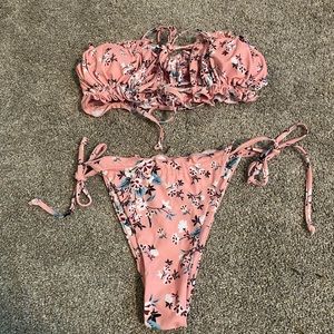 Pink Floral High Waisted Bandeau Tie Bikini